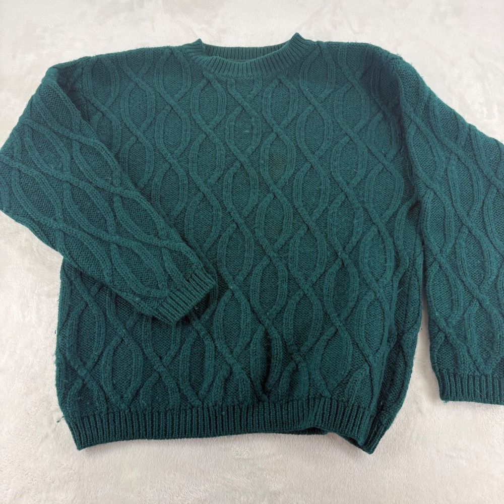 Eddie Bauer Sweater Mens Medium Green Wool Cable Knit Crewneck Pullover 7682